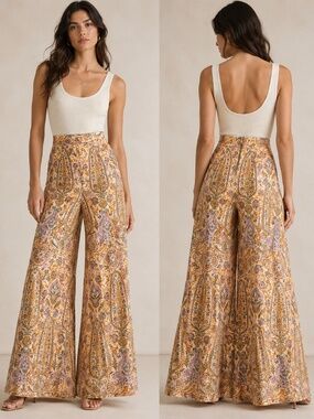 Rare Ollari LEENA Tapestry Pants High Rise Wide Leg Fully Lined Boho Chic M